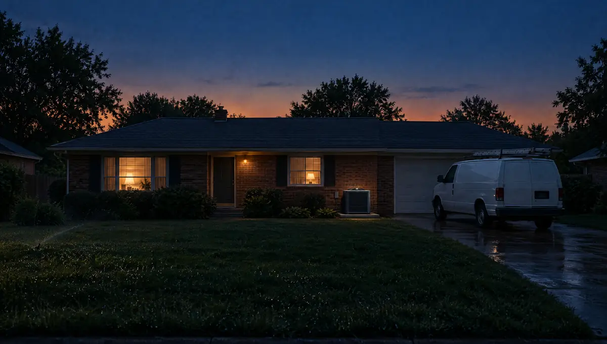 A brick ranch house at dusk on a hot summer evening, a new air conditioner unit beside it and a white service van in the driveway.