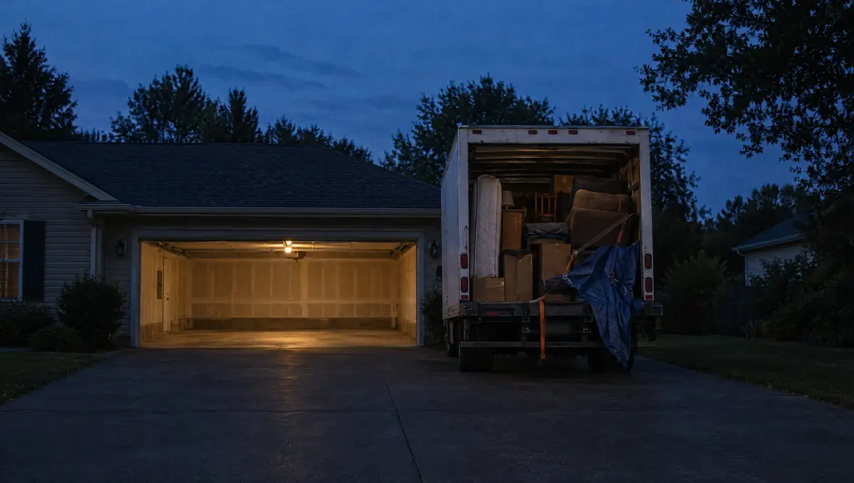 A loaded box truck in a driveway at dusk in front of an empty, swept garage lit by one warm light.