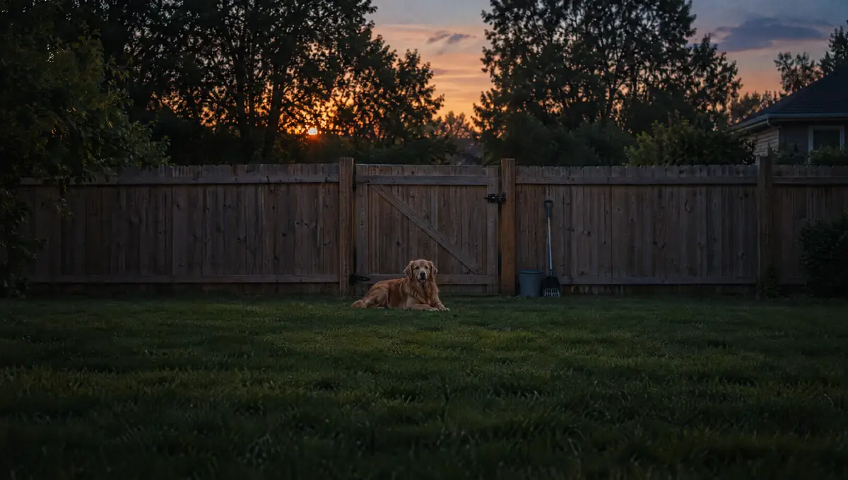 A clean, mowed backyard at dusk with the side gate latched and a golden retriever resting on the grass.
