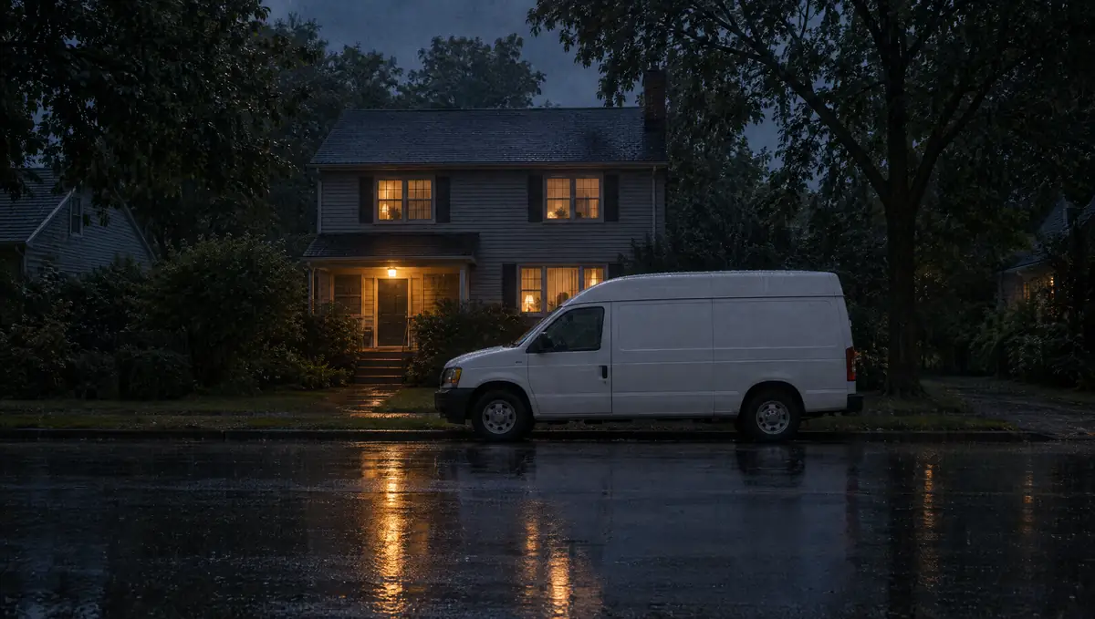 A plumber’s white van parked outside a house on a rainy evening, the porch light reflected in the wet street.