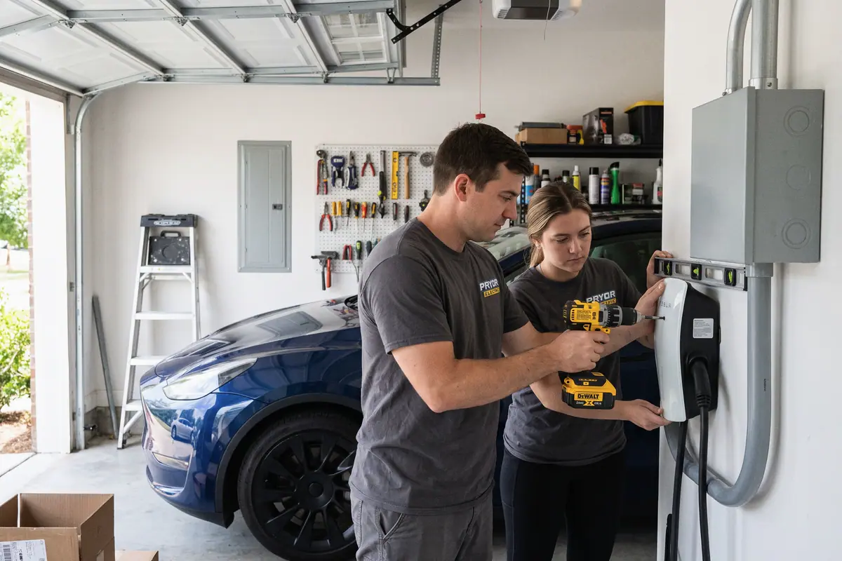 Two electrical technicians installing an EV charger in a home garage