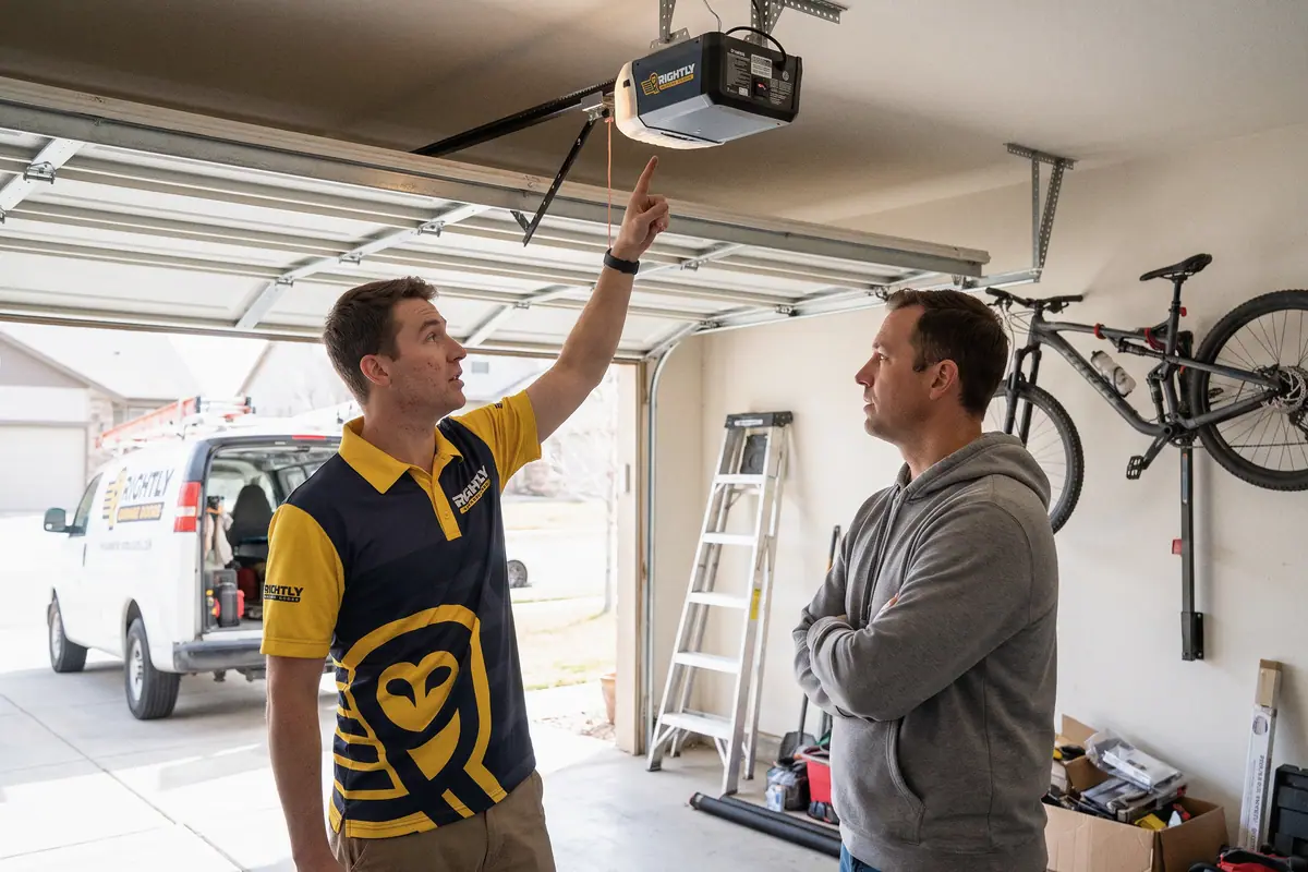 A garage-door professional servicing an overhead door
