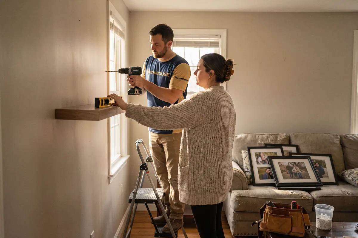 A handyman and homeowner planning a shelf installation together