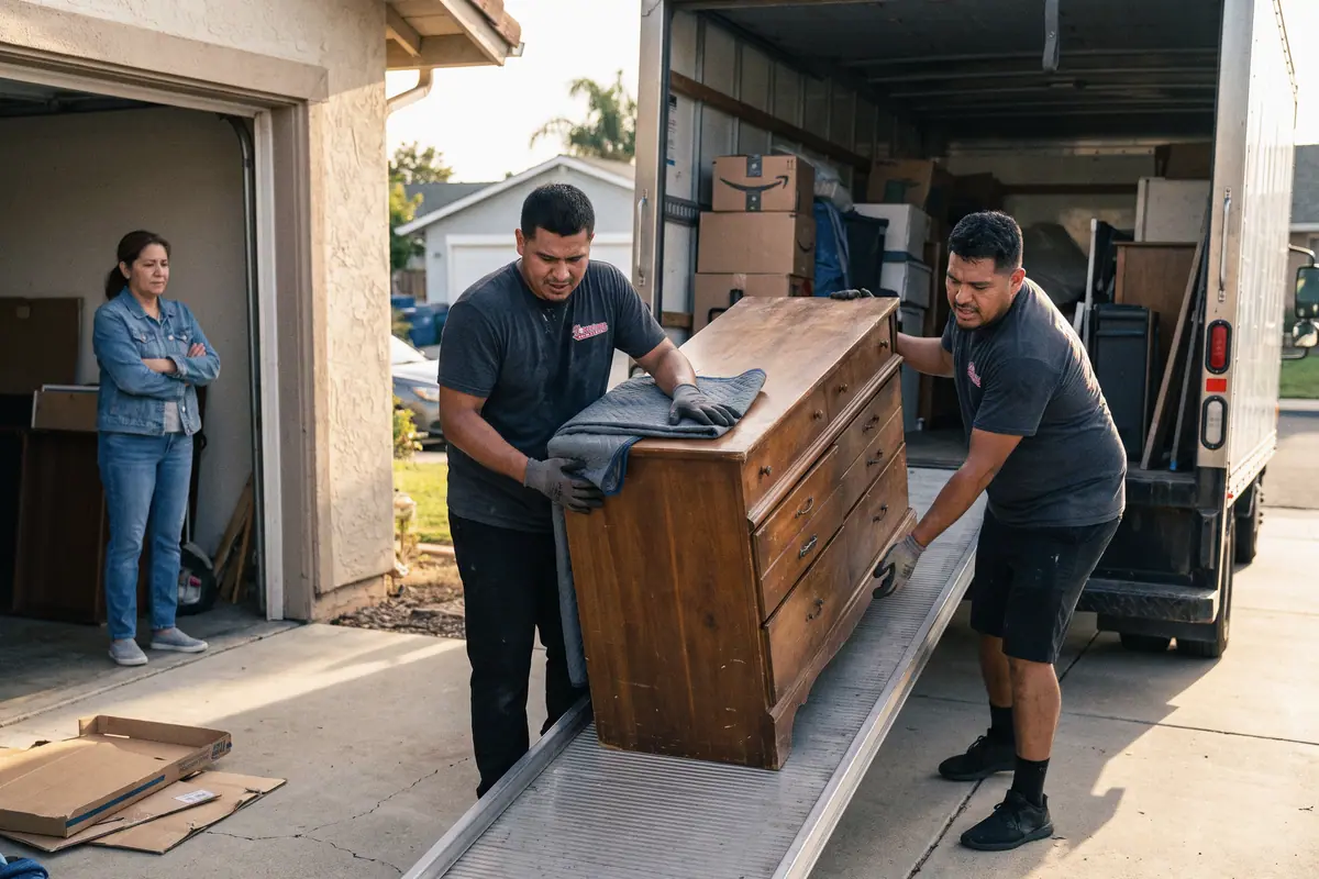 A junk-removal crew loading items into a work truck