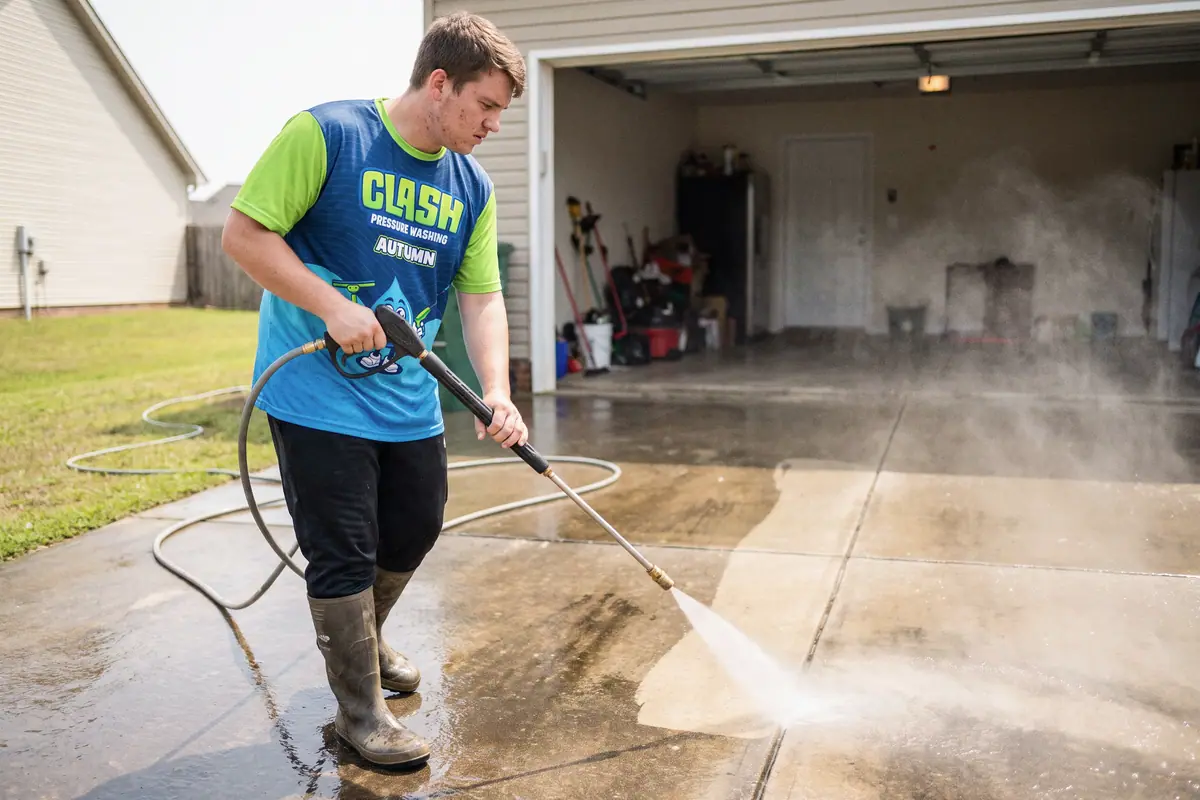 A pressure-washing professional cleaning a driveway outside a home