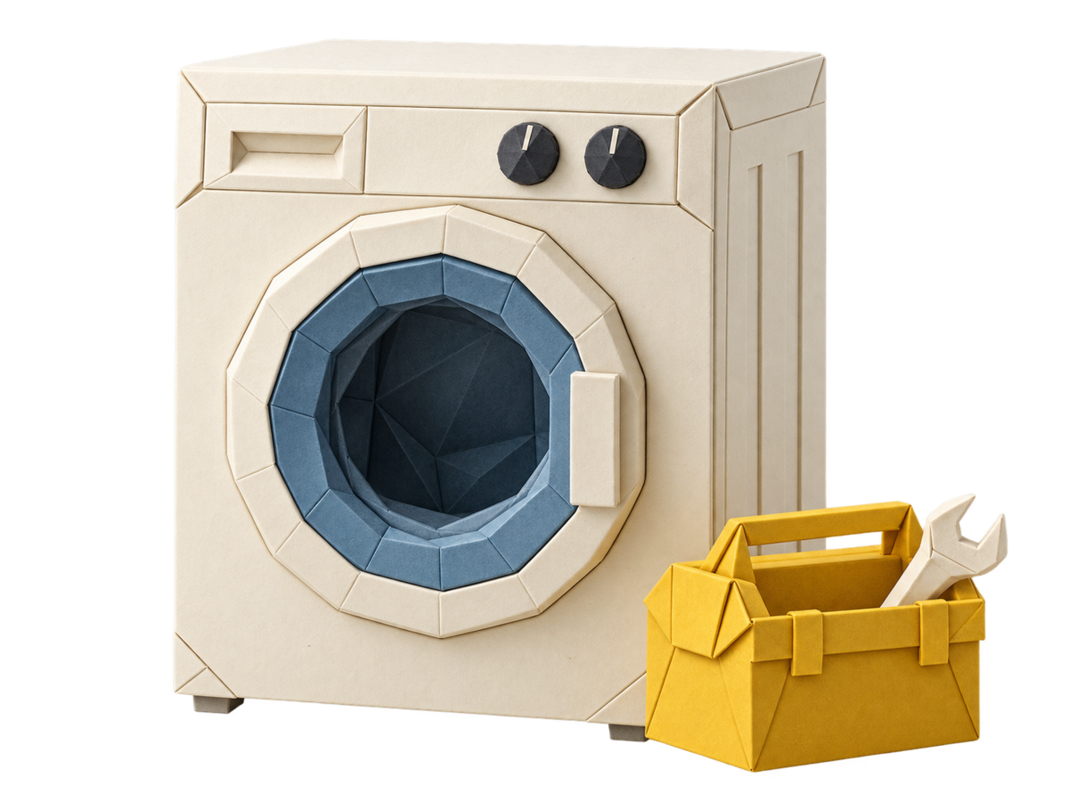 An ivory origami front-loading washing machine beside a gold folded-paper tool case.