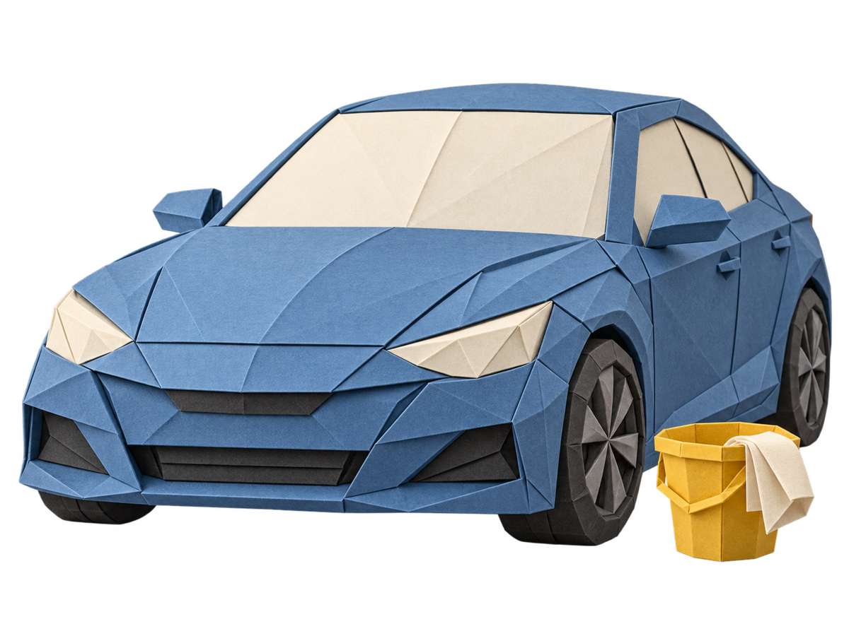 The front of a blue origami car beside a small gold folded-paper detailing bucket.