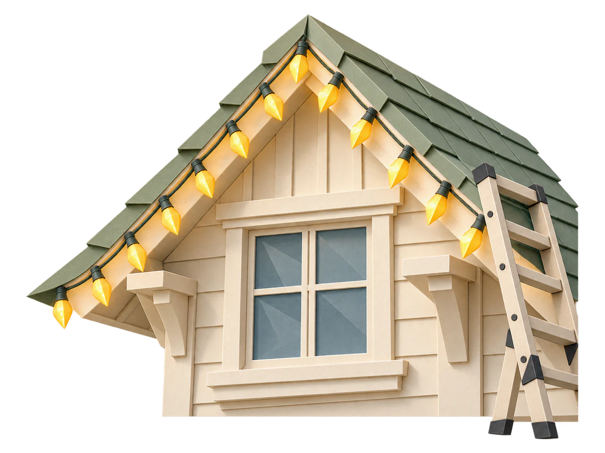 An origami house with holiday lights and installation equipment