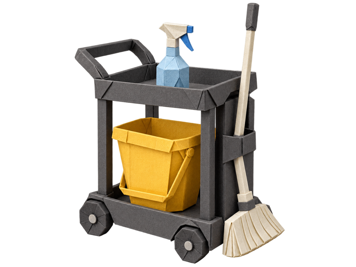 A compact charcoal and gold origami janitorial cart with folded cleaning supplies.
