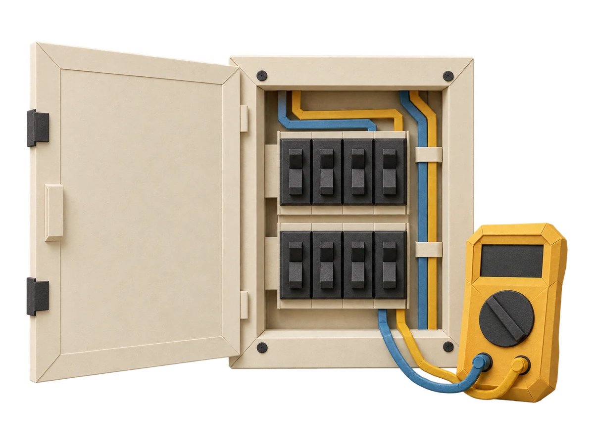 Origami electrical panel with an open door, tidy breakers, and a yellow multimeter.