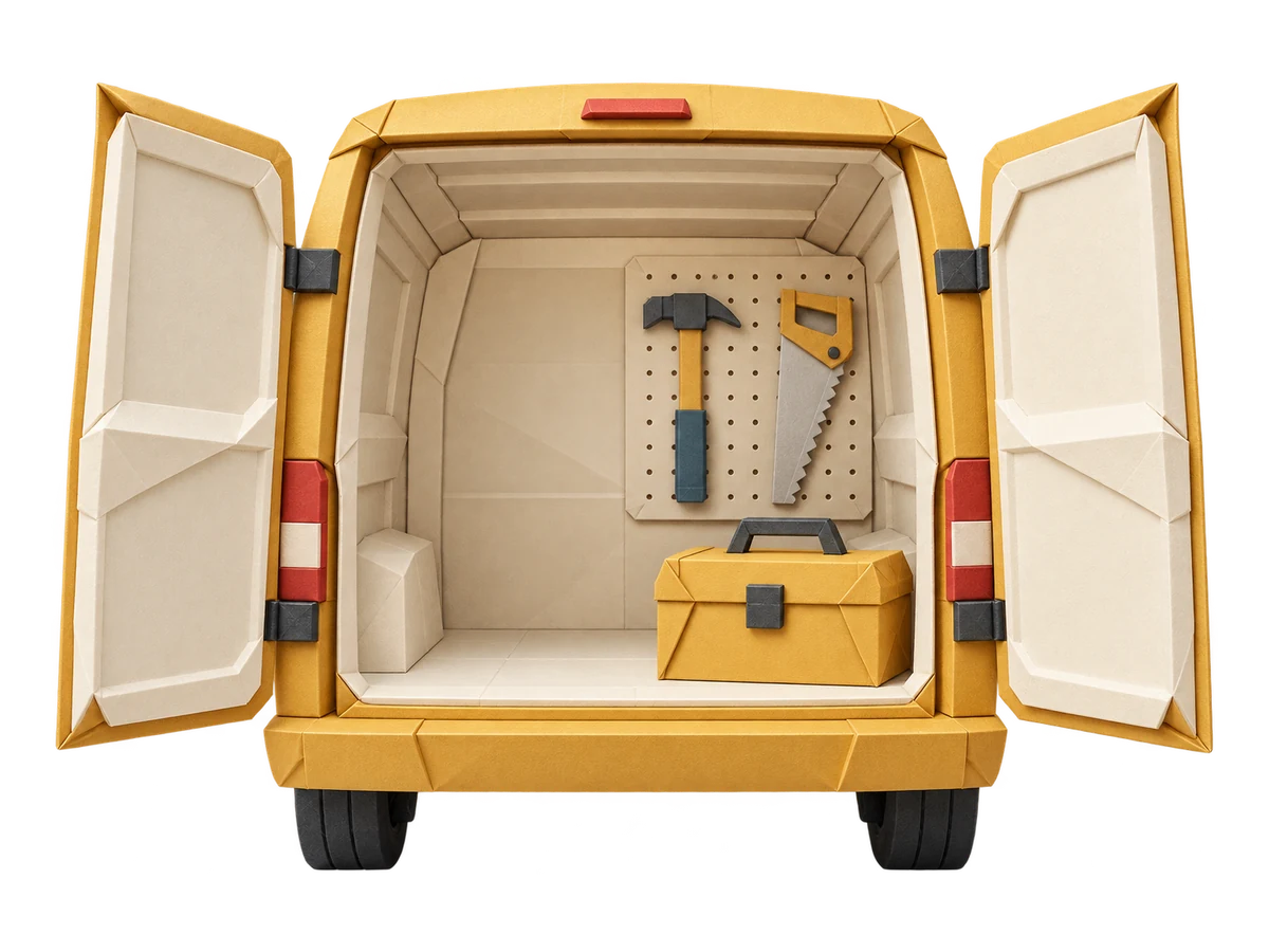 Origami service van with open rear doors, a hammer, a handsaw, and a yellow toolbox.