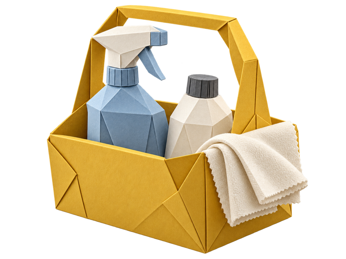 A gold origami cleaning caddy holding a blue bottle and an ivory cloth.