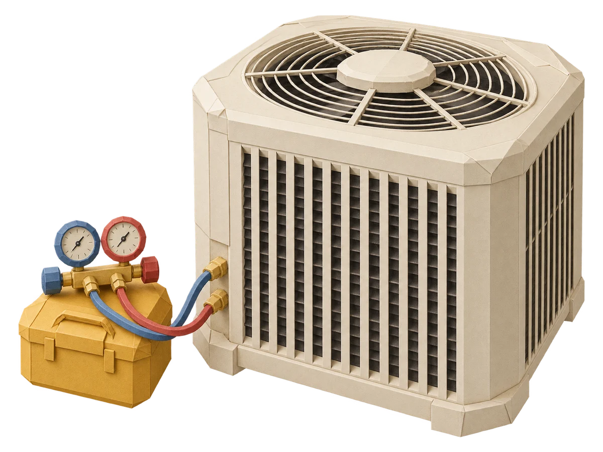 An origami air conditioner with service gauges and a golden toolbox
