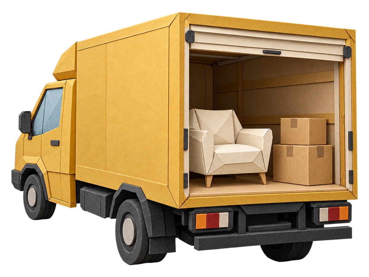 Origami yellow junk-removal truck with an armchair and boxes inside its open cargo area.