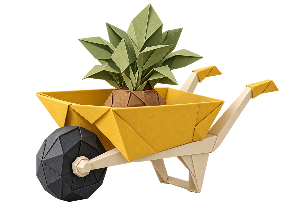 A gold origami wheelbarrow beside a small green folded-paper plant.