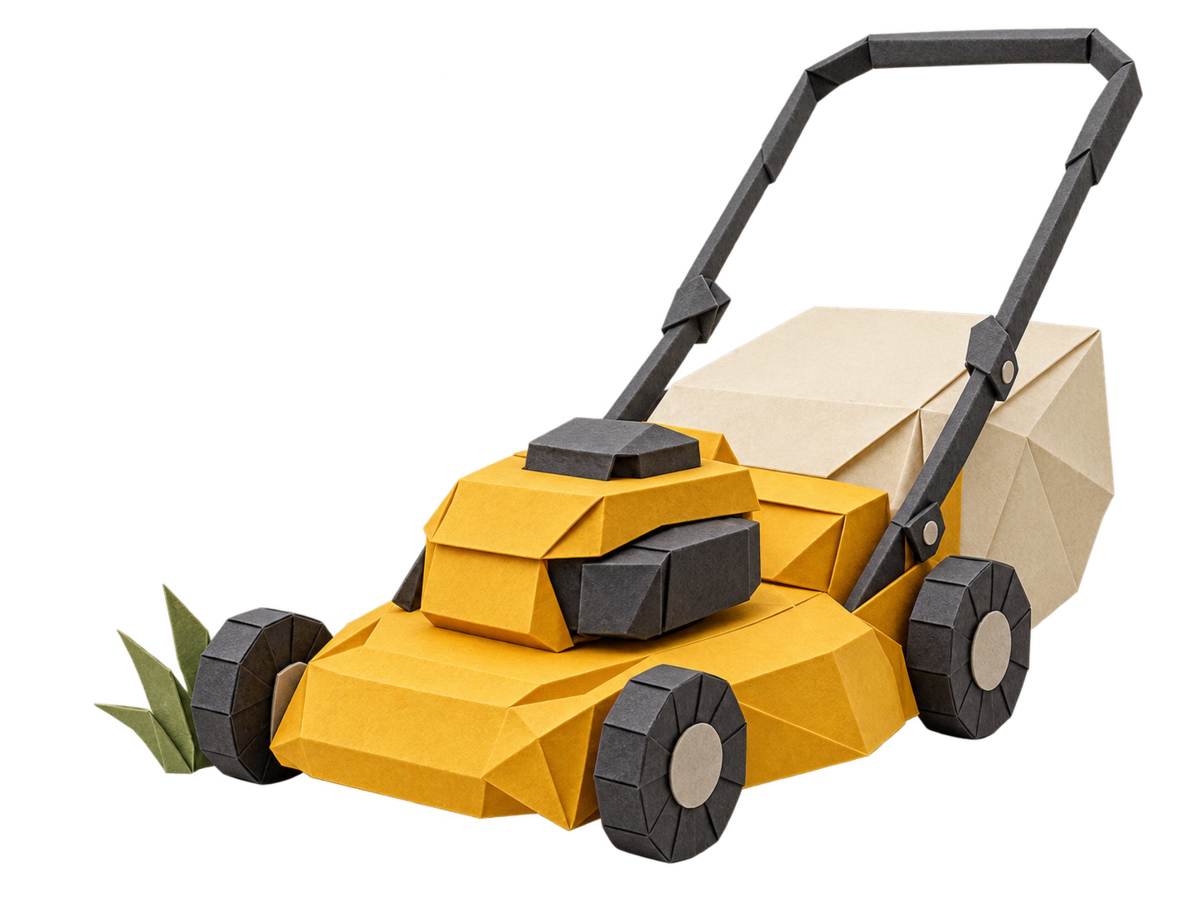 A gold folded-paper lawn mower with an ivory origami grass catcher.