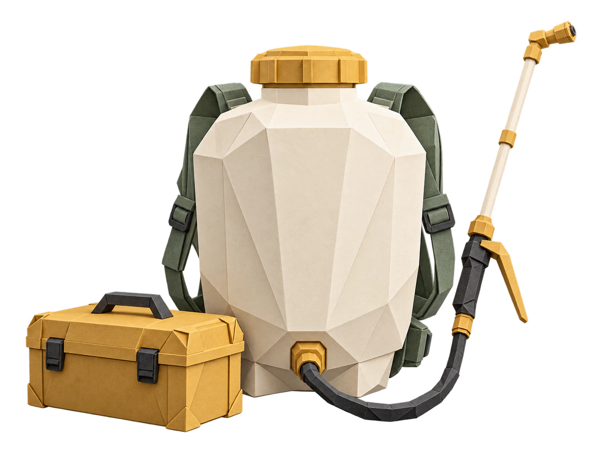 An origami backpack sprayer with a spray wand and gold toolbox