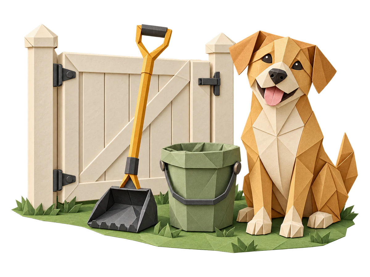 An origami dog beside a garden gate, scoop, and cleanup bucket