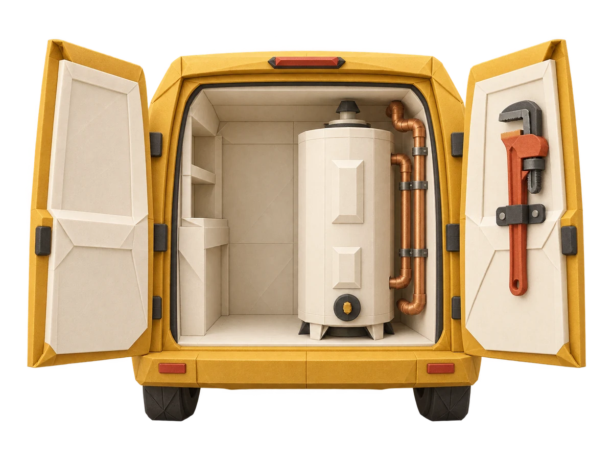 An origami plumbing van with open rear doors, a water heater, and tools inside