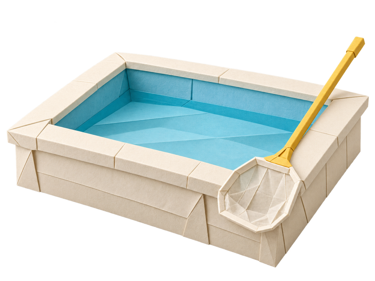 A blue origami pool basin with an ivory folded-paper skimmer.