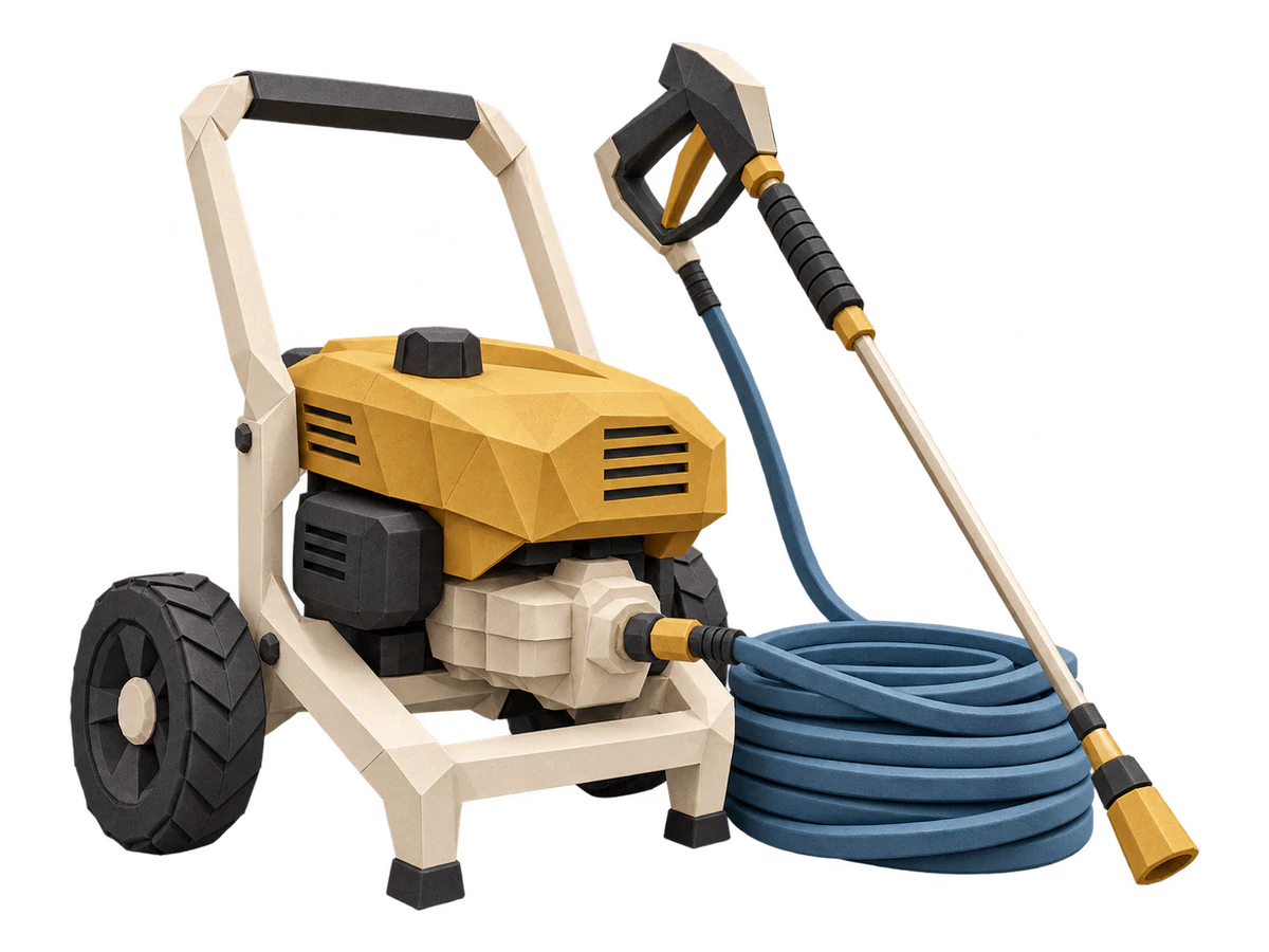 Origami wheeled pressure washer with a blue hose coil and a spray wand.