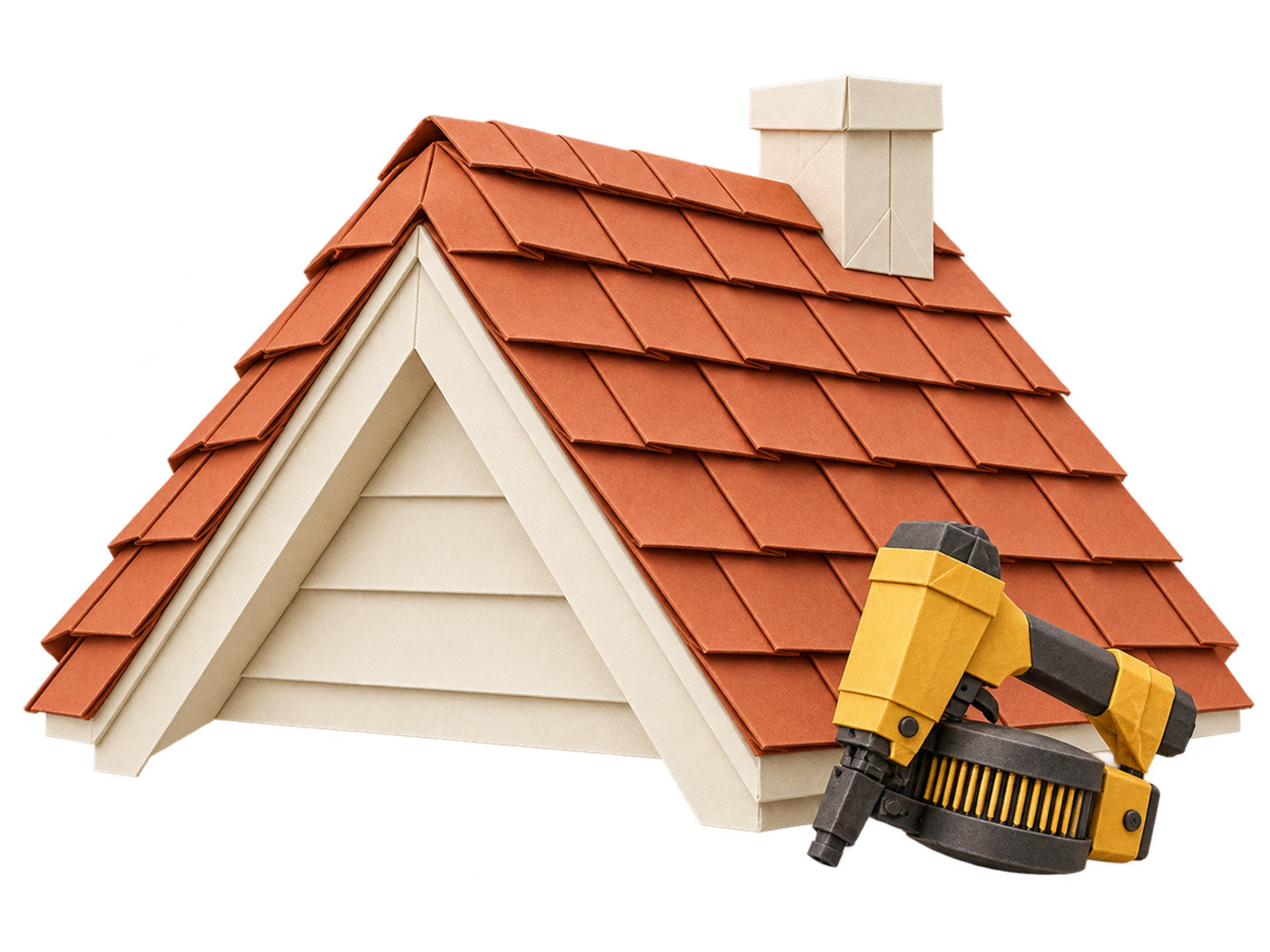 A terracotta origami roof section beside a small gold folded-paper roofing nailer.