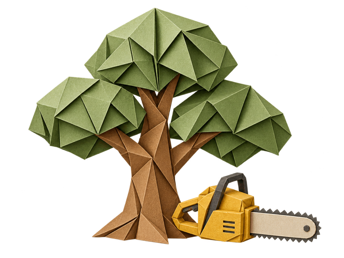 A green origami tree beside a small gold folded-paper chainsaw.