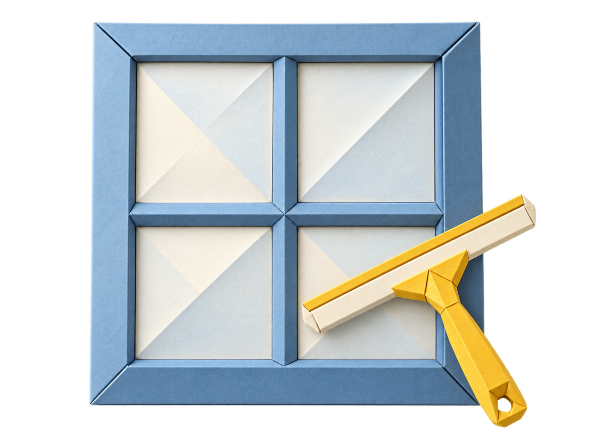 A blue origami window beside an ivory and gold folded-paper squeegee.
